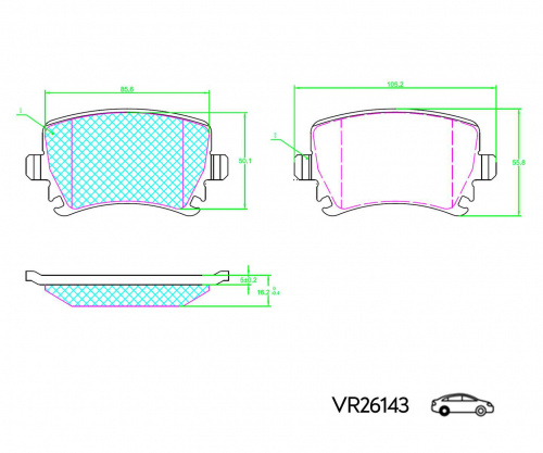 КОЛОДКИ ЗАДНИЕ VW GOLF V-VII 07- PASSAT 07- SKODA OCTAVIA II III 04- ДИСКОВЫЕ (VOLRAM) VR26143
