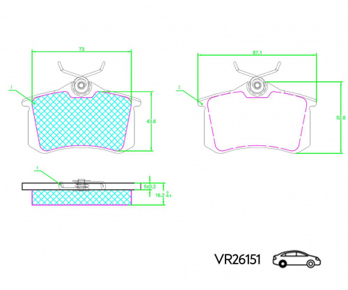 КОЛОДКИ ЗАДНИЕ VW POLO SEDAN RUS 1KT 10- ДИСКОВЫЕ (VOLRAM) VR26151